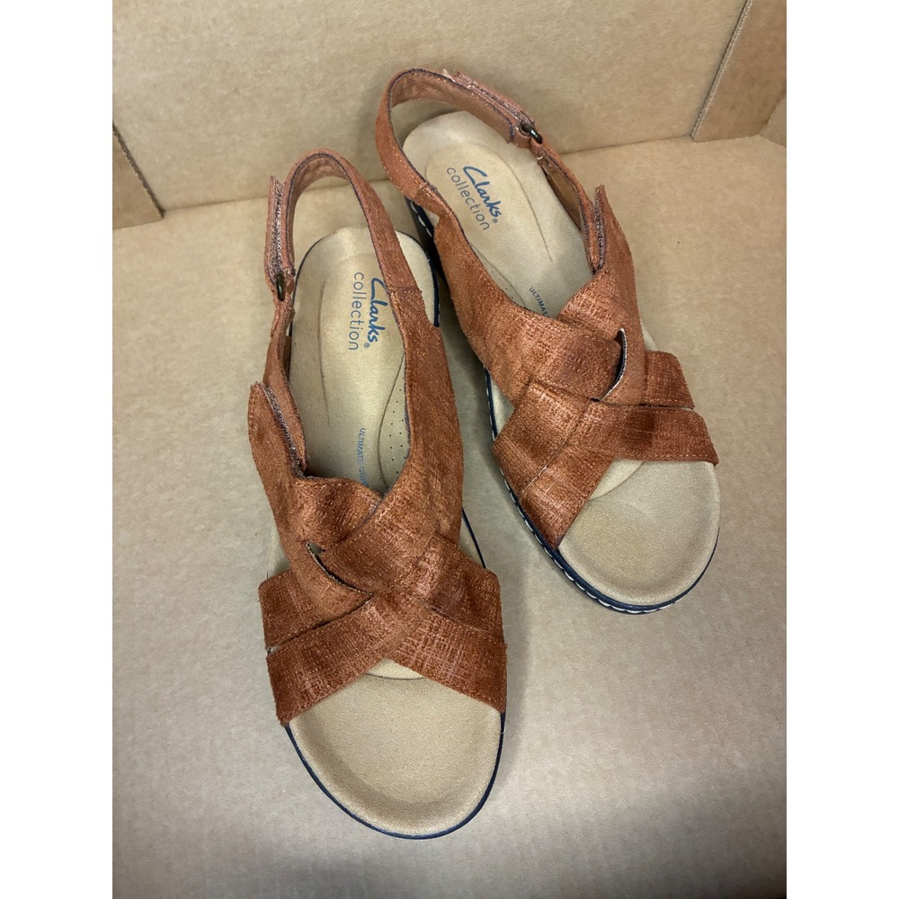 Clarks Sandals Women 8.5 Tan Merliah Echo Wedge Slingback Textured Comfort